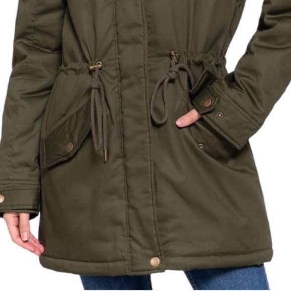 SHERPA LINED UTILITY PARKA JACKET COAT - DARK OLIVE GREEN - Picture 5 of 10